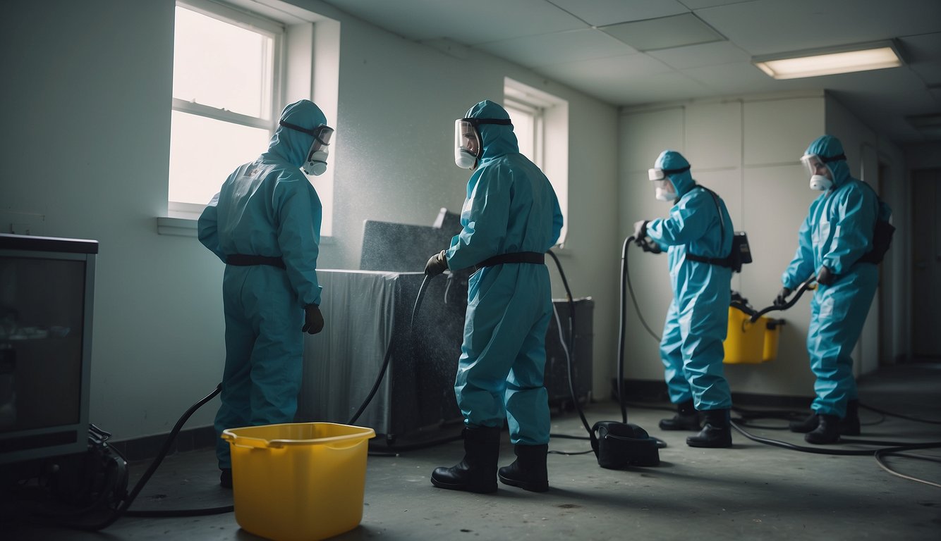A mold-infested room with workers in protective gear removing contaminated materials and using specialized equipment for remediation