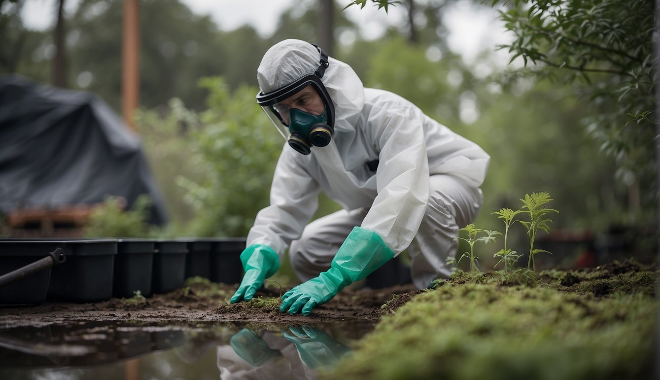 A technician collects mold samples in a recently remediated area, wearing protective gear and using specialized equipment