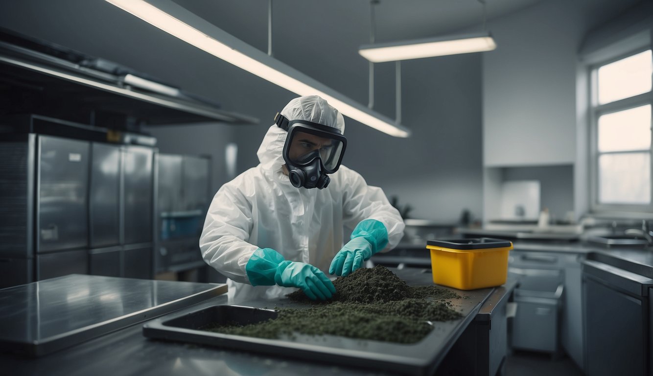 A mold testing technician wearing protective gear examines a remediated area for any remaining mold spores using specialized equipment