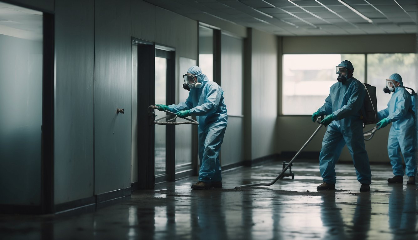 A commercial property with visible mold growth on walls and ceilings, a team of workers in protective gear using specialized equipment to remove and clean the affected areas