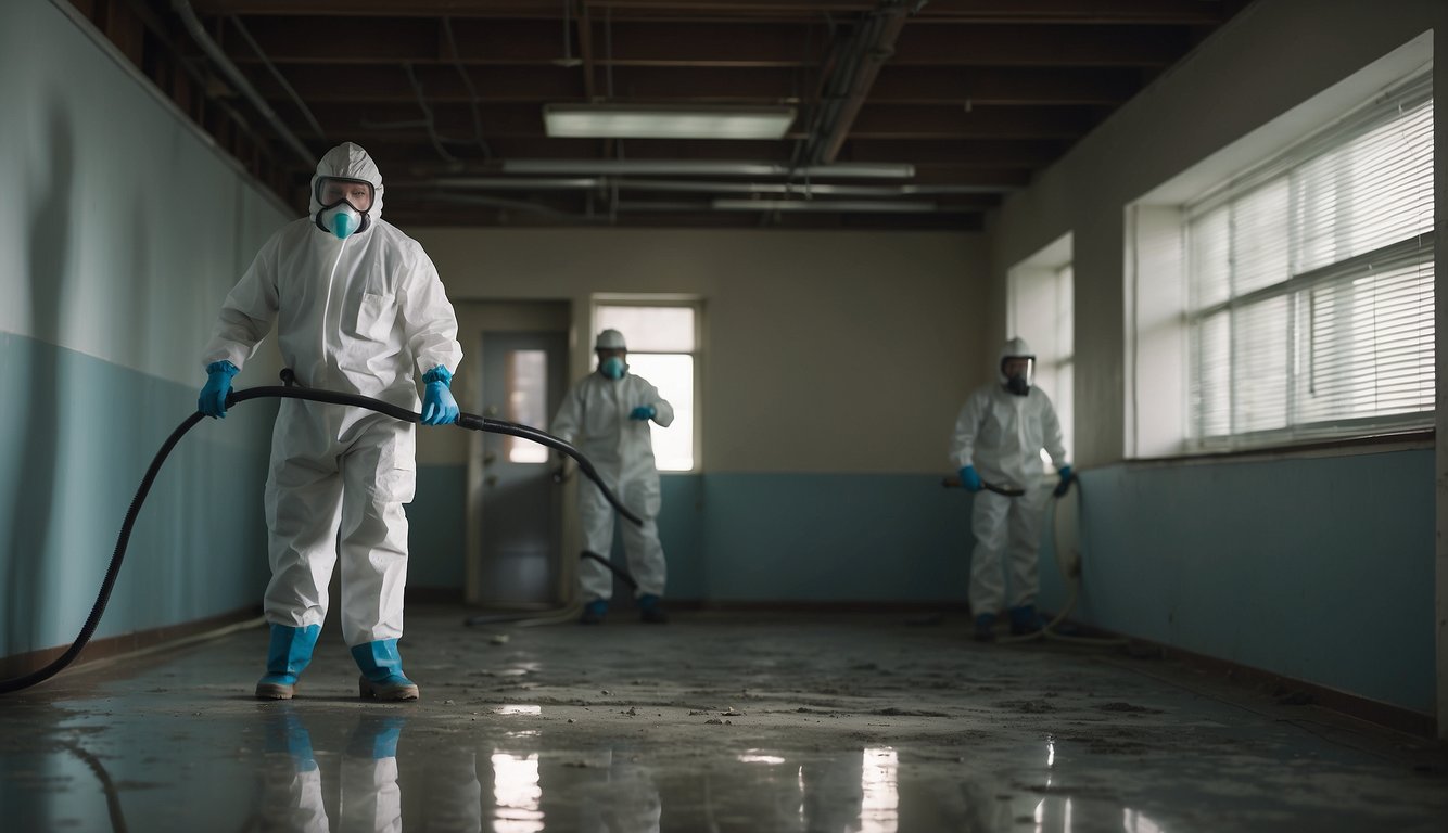 The commercial property is infested with mold, visible on walls and ceilings. Mold remediation equipment and workers are present, cleaning and removing affected areas