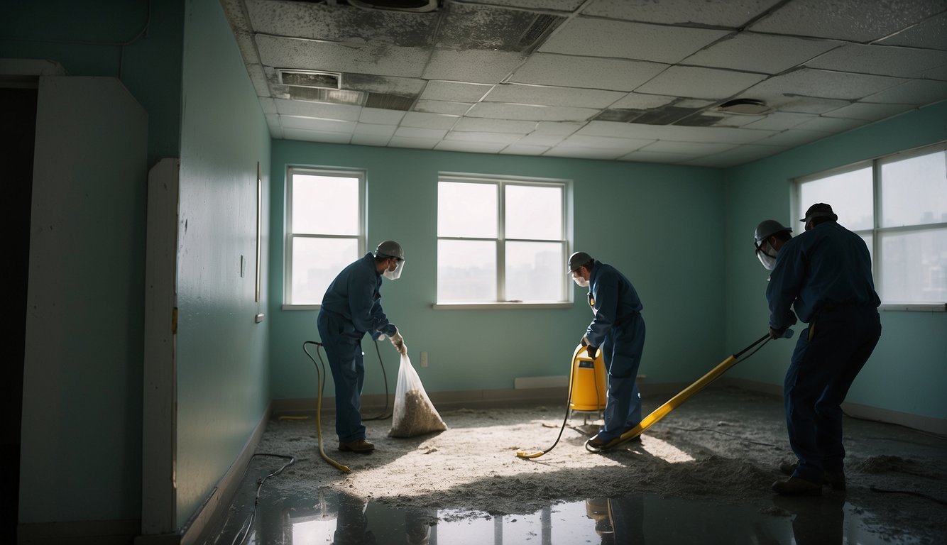 A commercial property with visible mold growth on walls and ceilings, along with water damage and musty odors. Equipment and workers conducting mold assessment and remediation