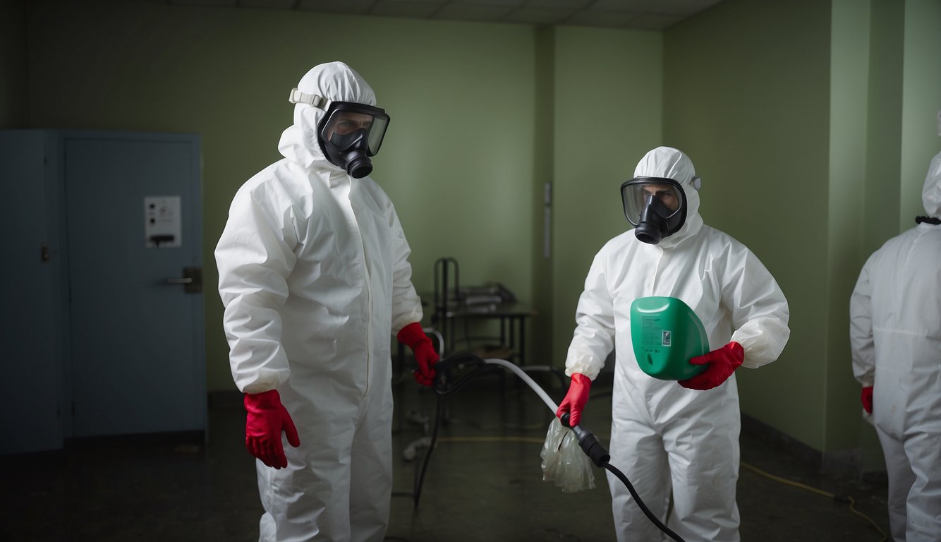A commercial property with visible signs of mold growth. Workers in protective gear using specialized equipment to remove and remediate the mold
