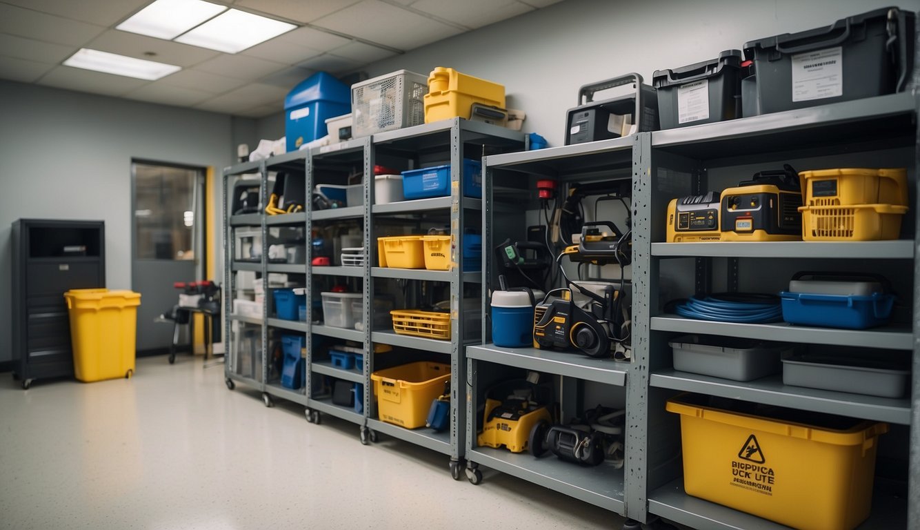 A commercial property with mold remediation equipment and maintenance tools neatly organized in a clean and well-lit space