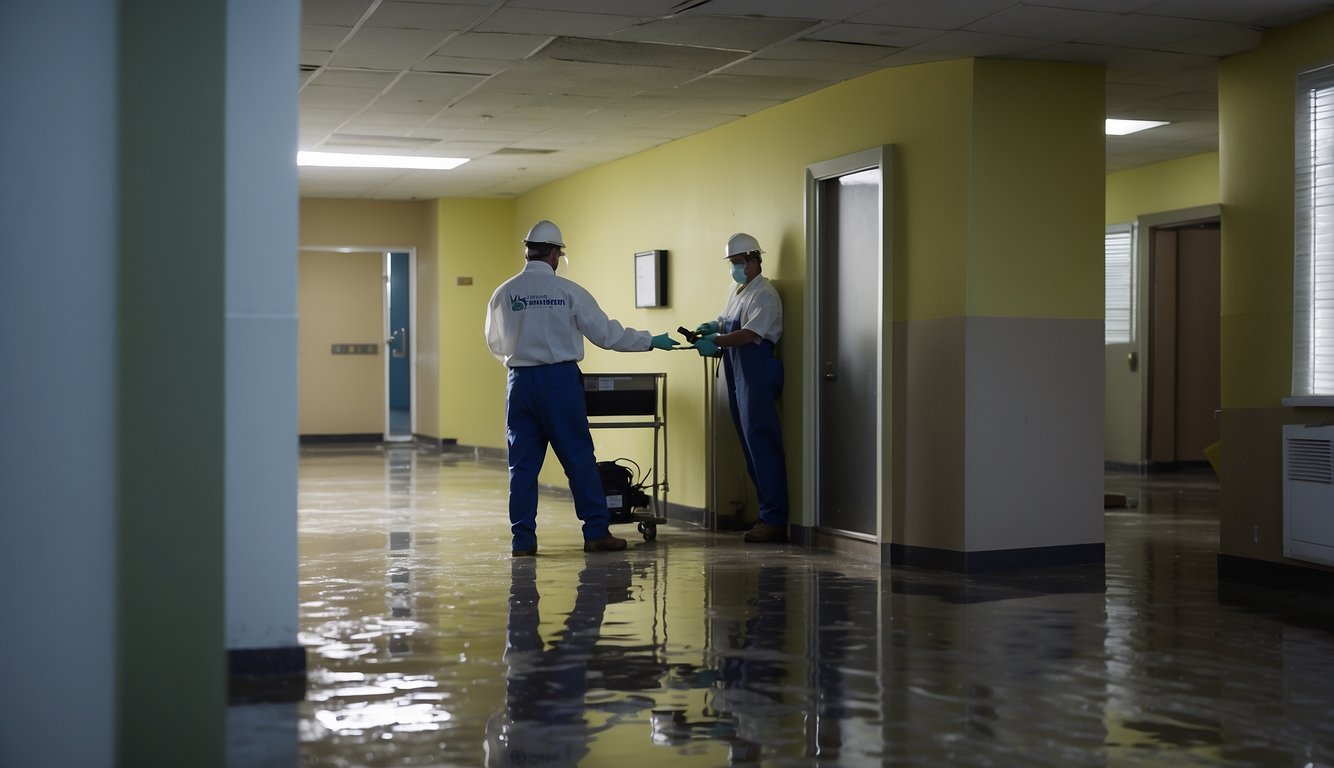 A commercial property with water damage and mold growth. Visible signs of moisture and mold on walls, ceilings, and flooring. Equipment and workers conducting mold remediation