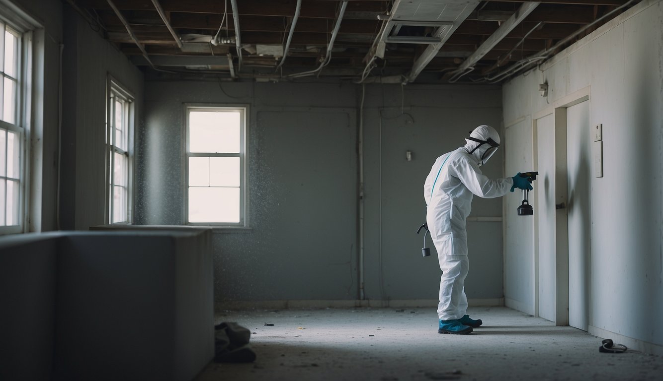 A commercial property with visible mold growth on walls and ceiling. A contractor in protective gear assesses the damage with testing equipment