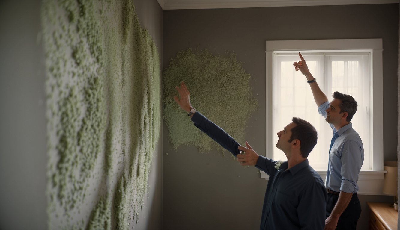 A homeowner points to mold growth on a wall, while a lawyer explains legal rights and responsibilities