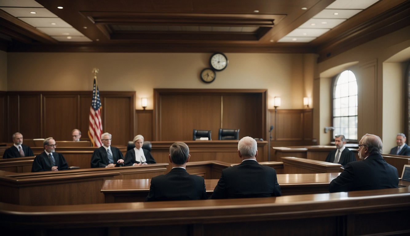 A courtroom with a judge presiding over a case involving mold damage. Lawyers present evidence and arguments, while a jury listens attentively