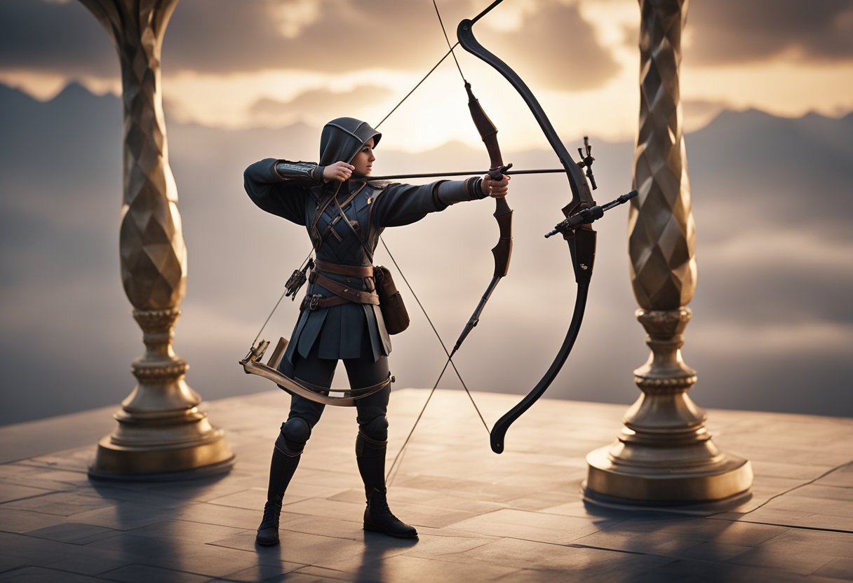 A figure stands tall, drawing a bow with precision. The archer's stance is balanced, with feet planted firmly and body aligned. The bow arm extends forward, while the drawing arm pulls back with controlled strength