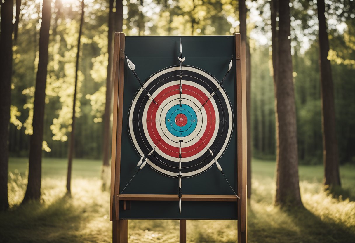 An archery target with arrows in the bullseye, surrounded by trees and a peaceful, natural setting