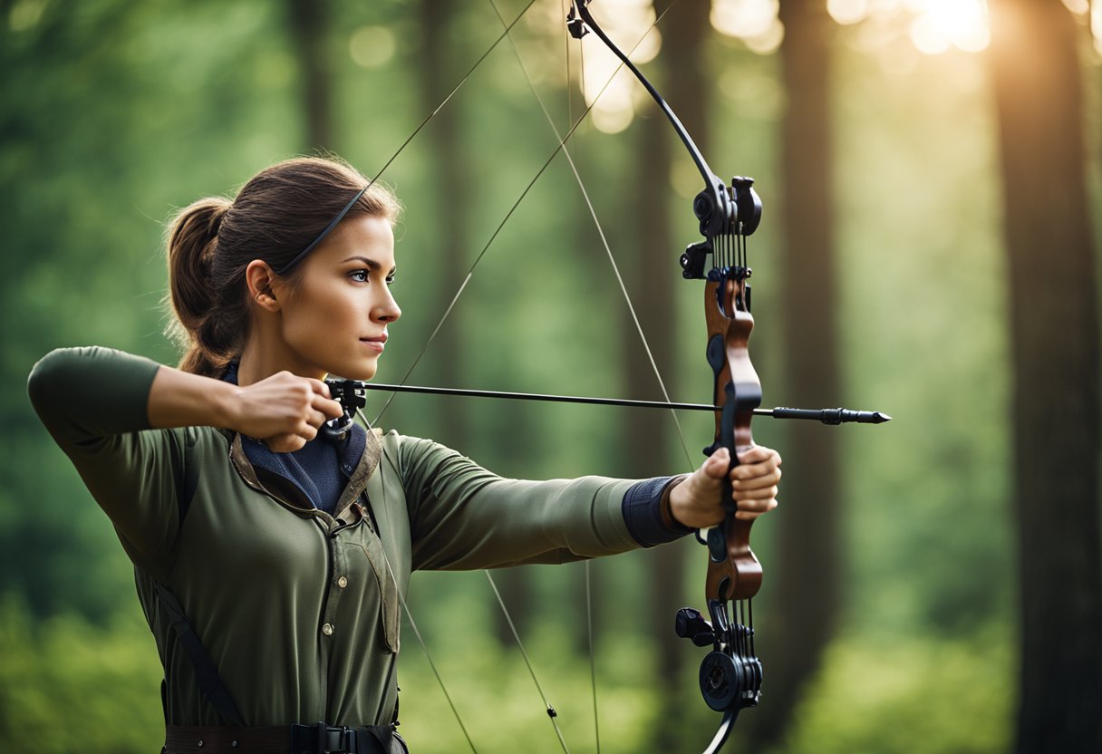 A beginner archer holds a bow with a draw weight of 20-30 pounds, aiming at a target in a peaceful forest clearing