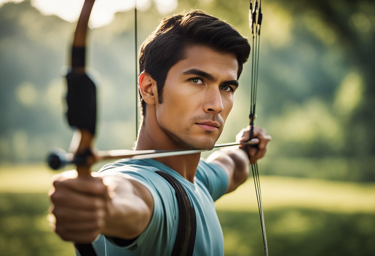 An archer draws back a bow with a moderate amount of tension, focusing on their target with a determined expression