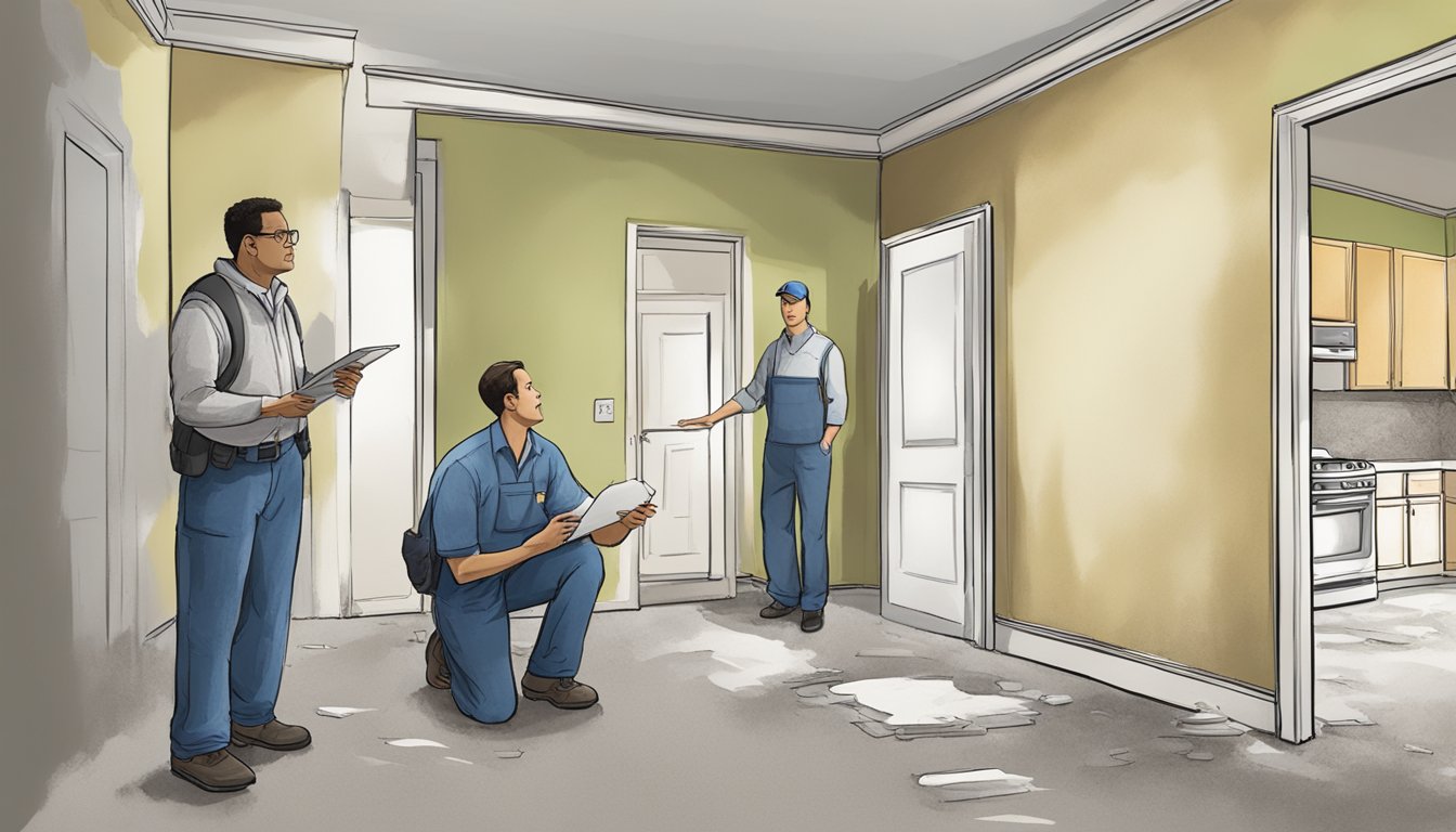 The scene depicts a rental property with visible mold growth on walls and ceilings. Landlord and tenant are shown discussing responsibilities for mold remediation