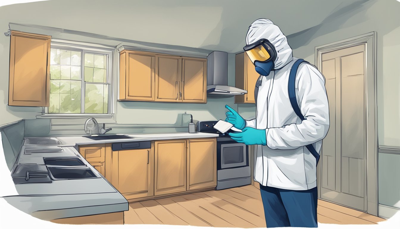 A landlord inspects a rental property for mold, wearing protective gear and holding a mold testing kit. Tenants look on, concerned