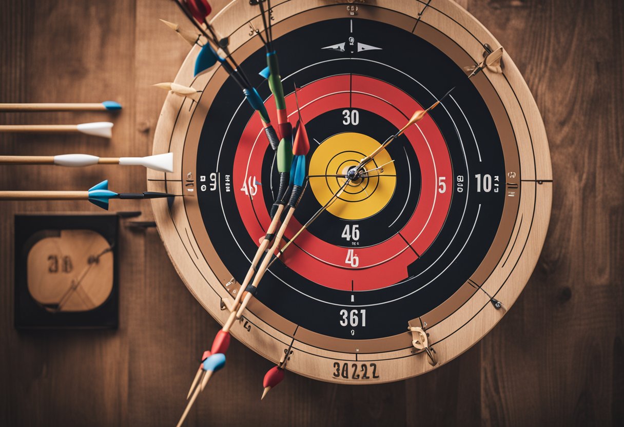 An archery target with arrows scattered around, a bow leaning against it, and a calorie counter in the background