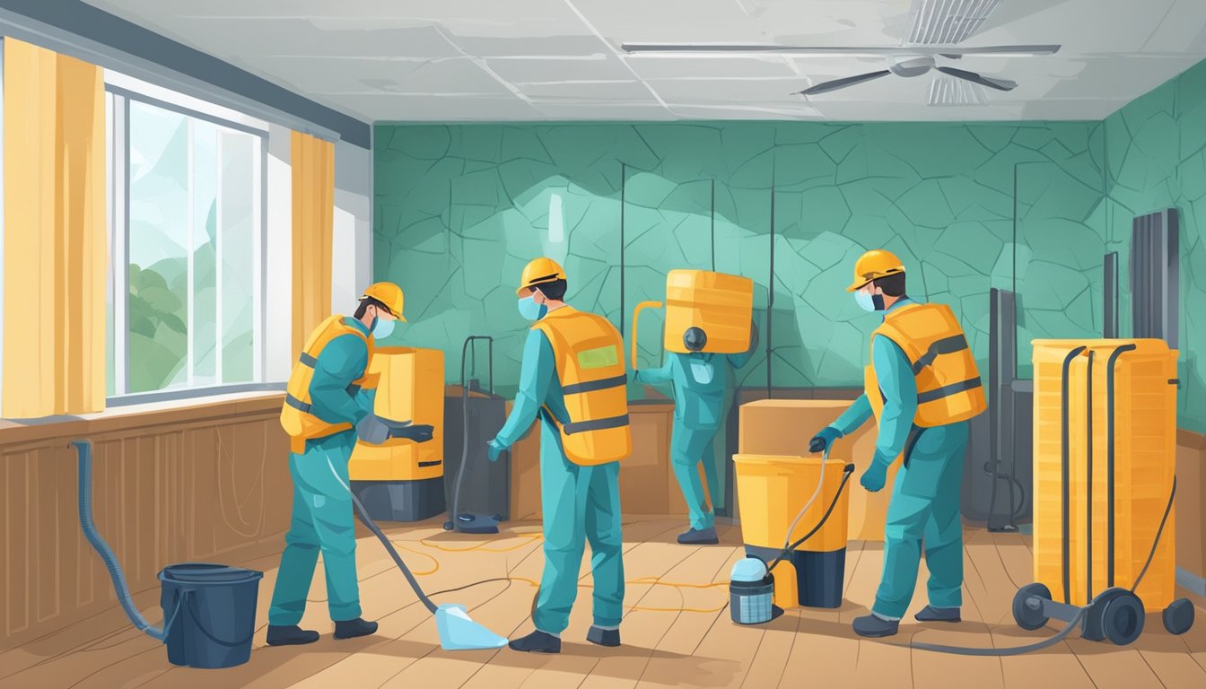 A room with visible mold growth on walls and ceilings. Dehumidifiers and air scrubbers in use. Protective gear worn by workers