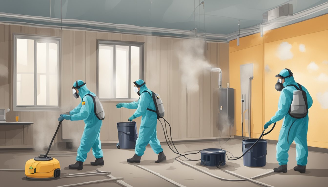 A room with visible mold growth on walls and ceilings. Dehumidifiers and air scrubbers in use. Technicians in protective gear removing contaminated materials