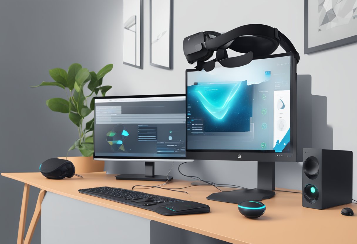 A VR headset connected to a computer, with SteamVR interface displayed on the screen. Controllers placed nearby for calibration