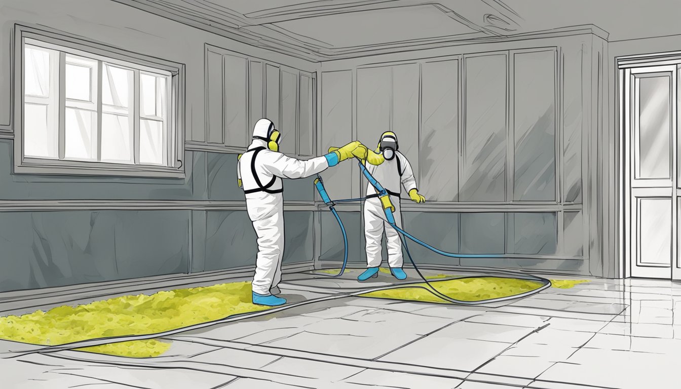 A technician uses protective gear and specialized equipment to remove mold from a damp, dark room. They follow strict protocols and use advanced techniques for effective mold remediation