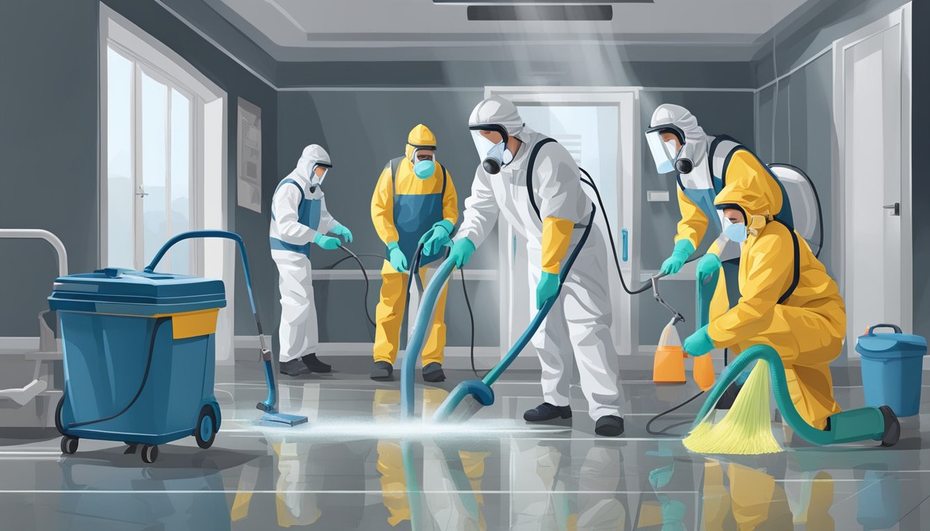 A team of professionals in protective gear removing mold from a damp, dark room. Equipment includes vacuums, scrub brushes, and disinfectants