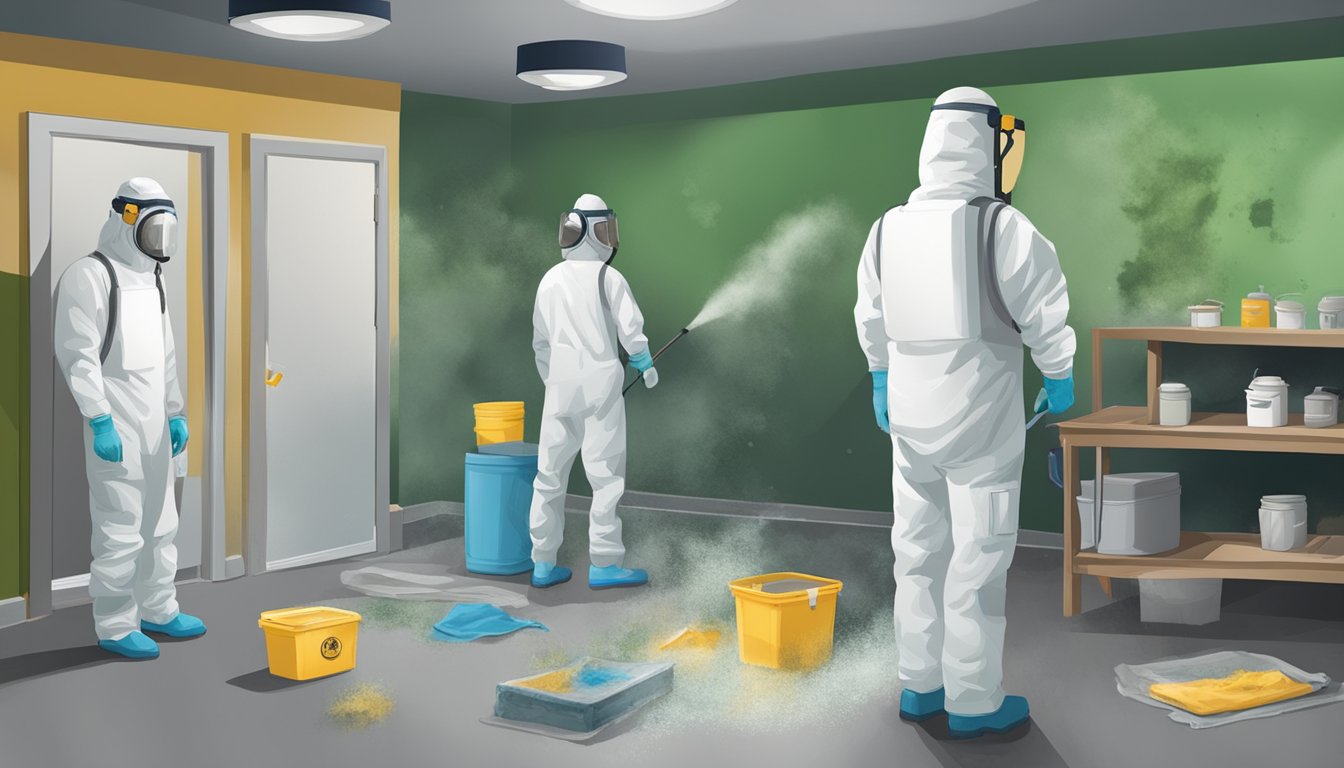 A moldy basement with DIY supplies vs. a professional team in hazmat suits. Visible mold growth on walls and ceiling. Different methods of remediation being used