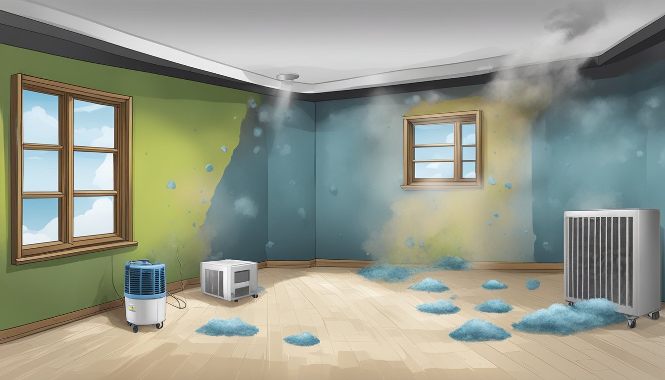 A damp, dark room with visible mold growth on walls and ceilings. Dehumidifiers and mold remediation equipment scattered around. Before and after photos show successful mold removal