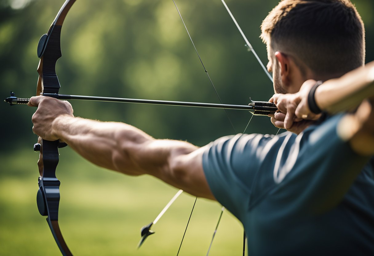 An archer draws back the bowstring, aiming at a distant target. The arrow flies through the air, hitting the bullseye with precision