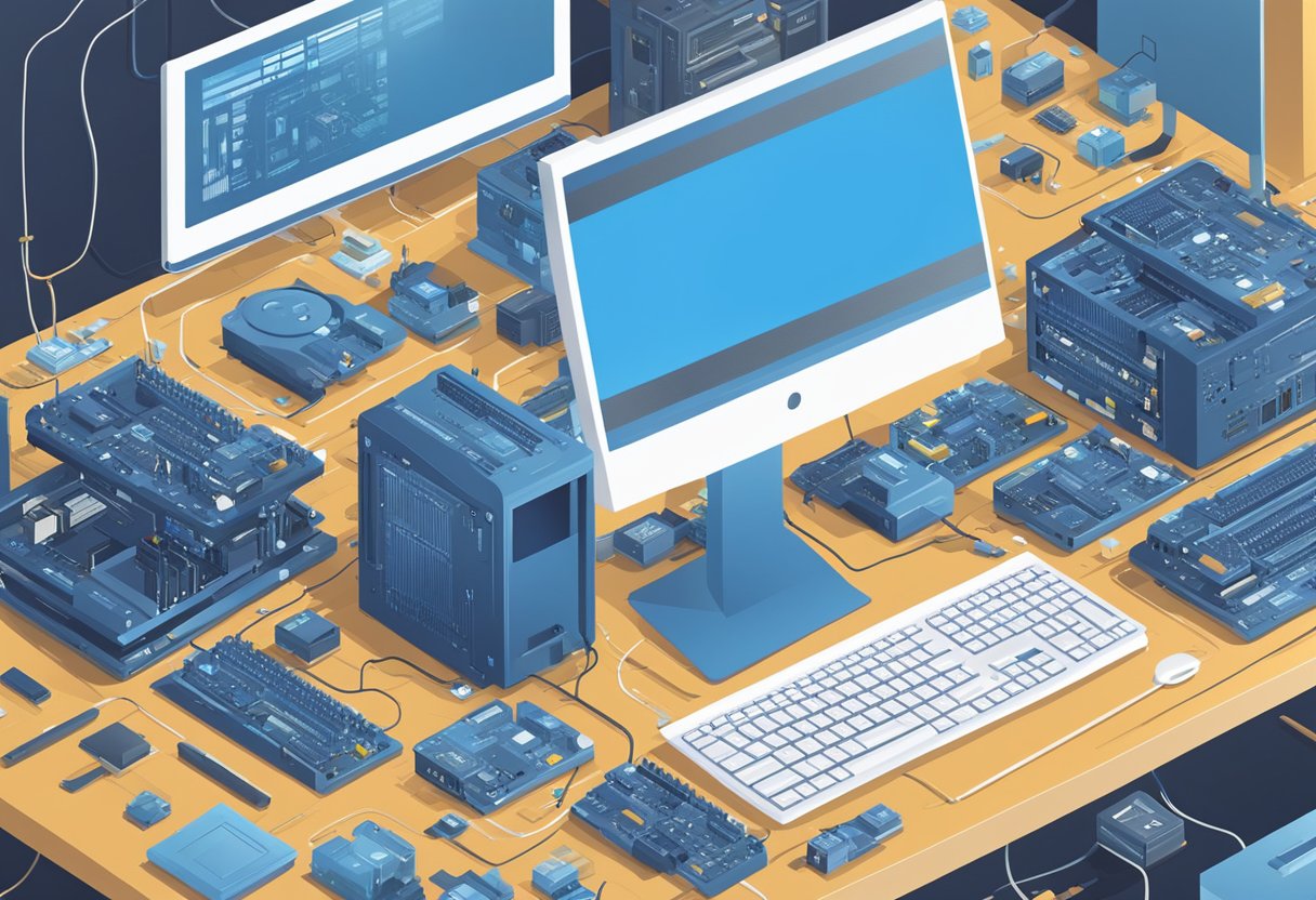 A computer with a blue screen error message, surrounded by scattered computer parts and tools