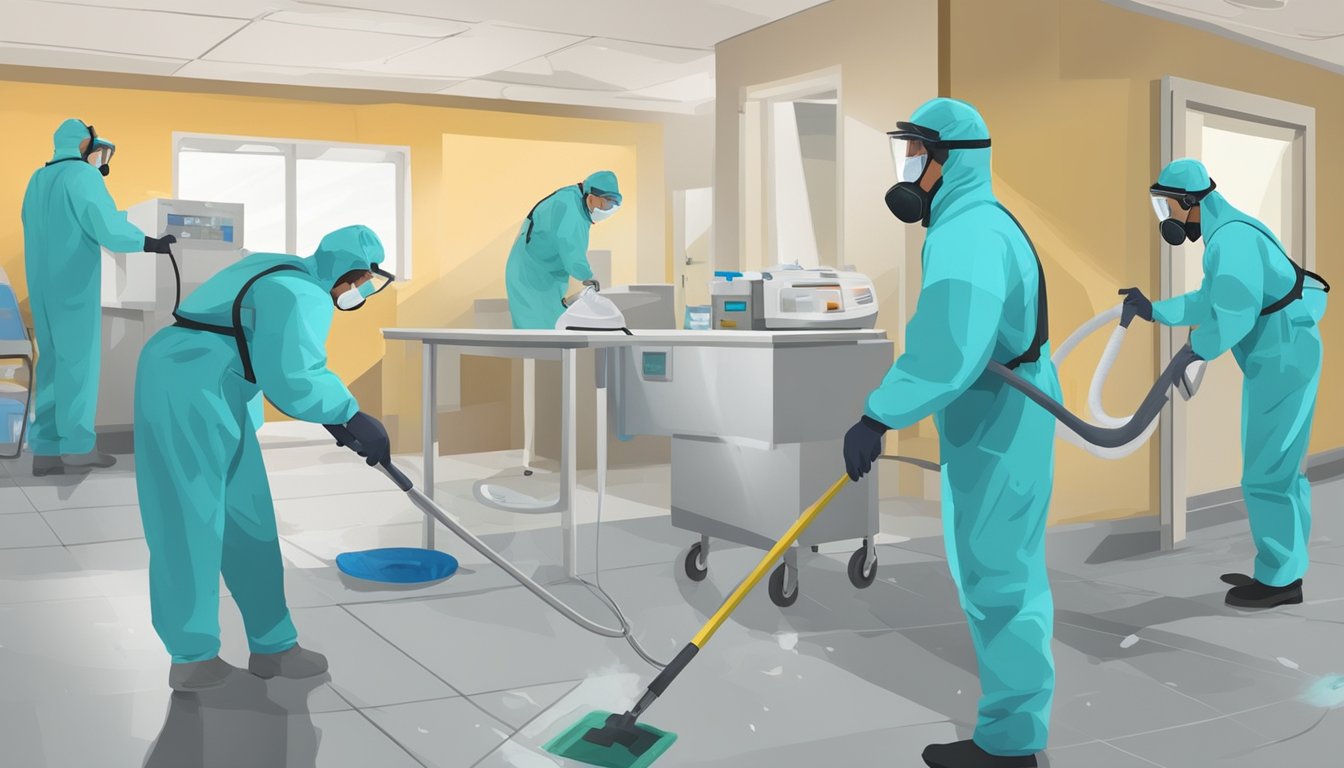 A clean-up crew in protective gear removes mold from hospital walls and ceilings. Special equipment and ventilation are used to ensure a safe environment