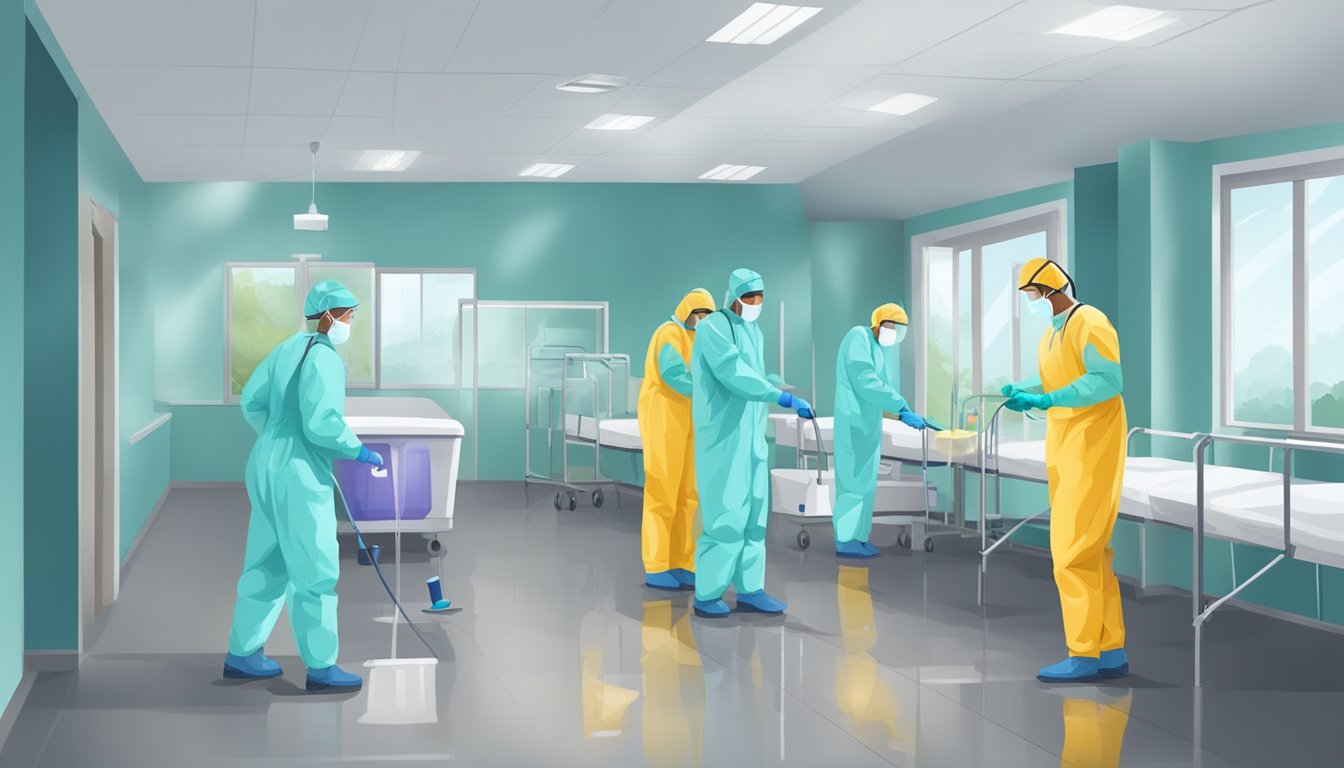 A team in protective gear cleans and disinfects mold-infested surfaces in a hospital or school setting, using specialized equipment and following strict protocols