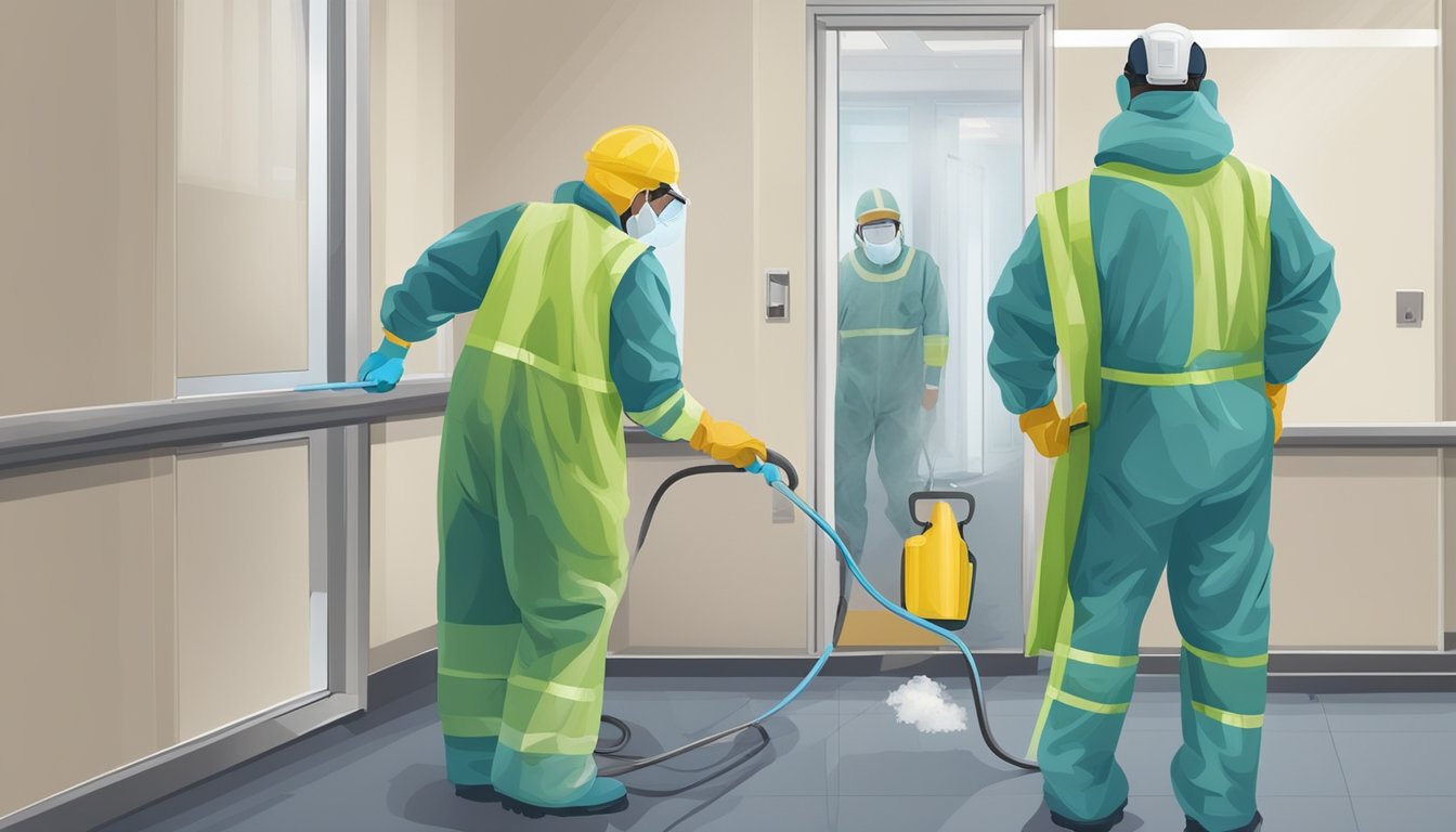 A team of workers in protective gear removing mold from hospital and school buildings. Specialized equipment and precautions are taken to ensure a safe and thorough remediation process