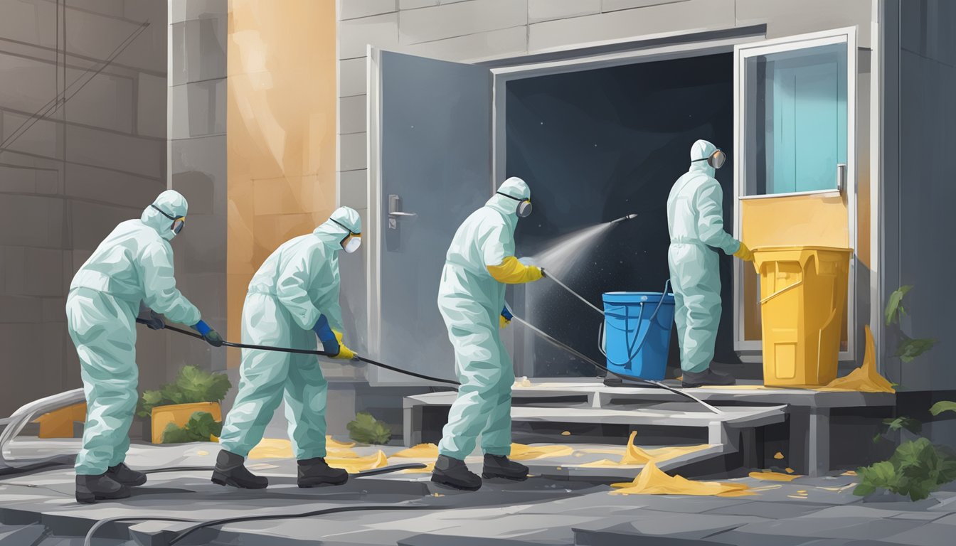 A team of workers in protective gear removing mold-infested materials from a building, using specialized equipment to clean and disinfect the affected areas