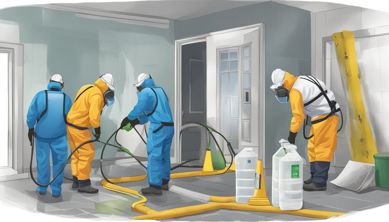 A professional mold remediation process in action: technicians wearing protective gear, using specialized equipment to remove mold from a contaminated area, ensuring a safe and healthy environment