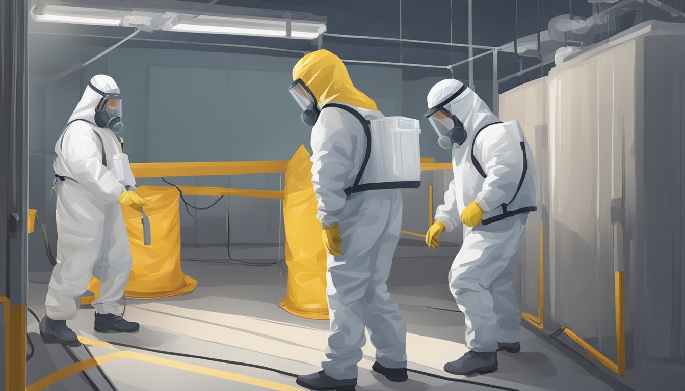 A team in protective gear sets up containment barriers and air filtration systems in a mold-infested area. They follow safety protocols for a professional remediation process