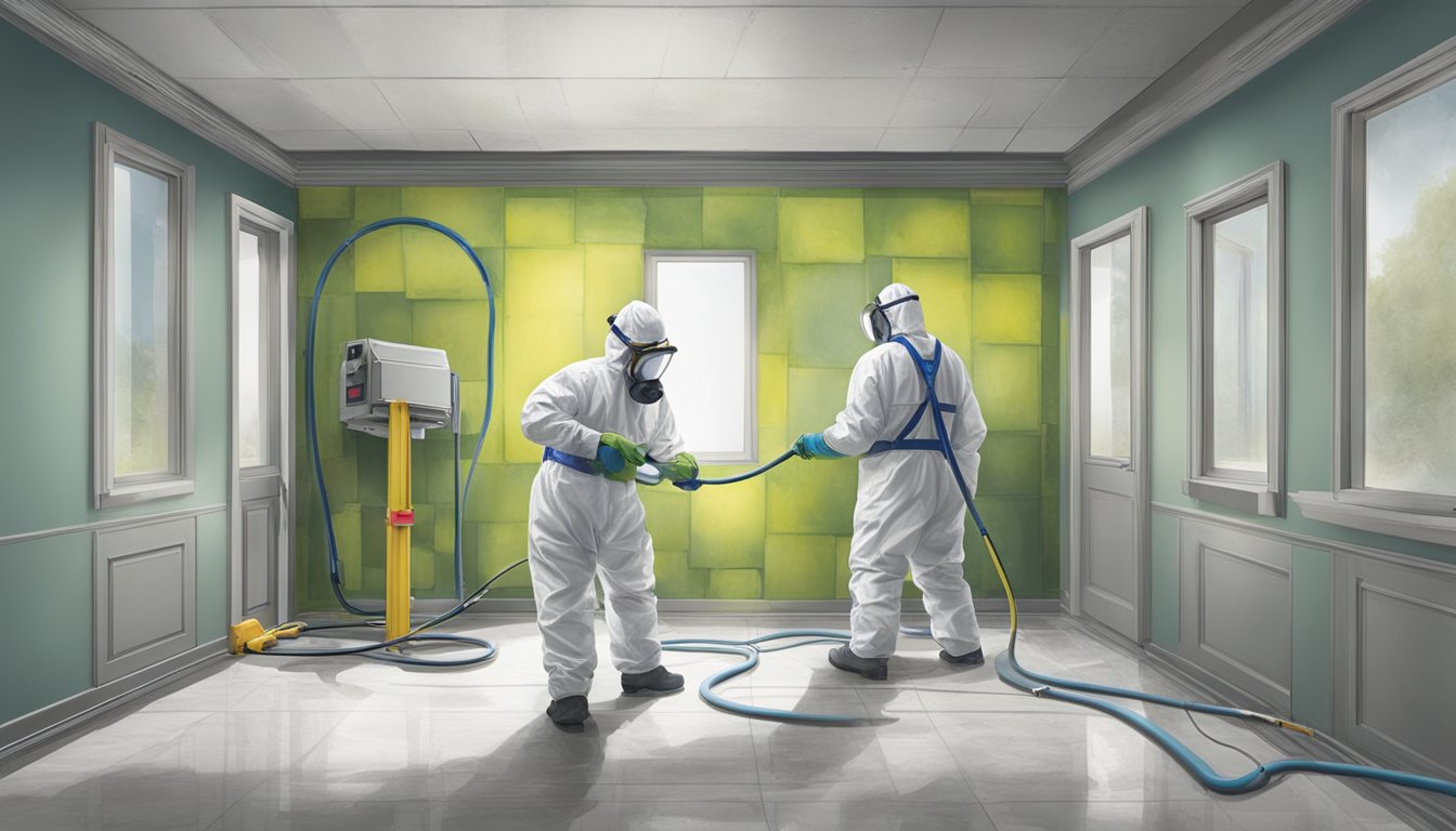 A professional mold remediation process: technicians in protective gear, using specialized equipment to remove mold from walls and surfaces in a controlled environment