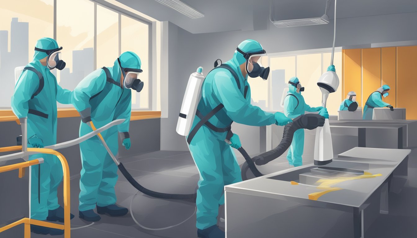 A team of professionals wearing protective gear and using specialized equipment to remove and clean mold-infested areas in a building