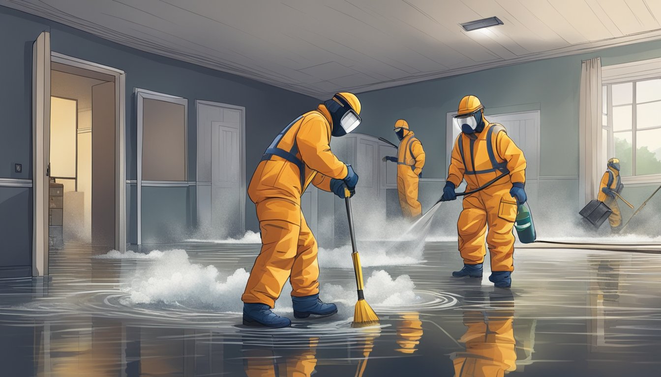 A team of workers wearing protective gear remove mold-infested materials from a flood-damaged building. Powerful dehumidifiers and air scrubbers are running in the background