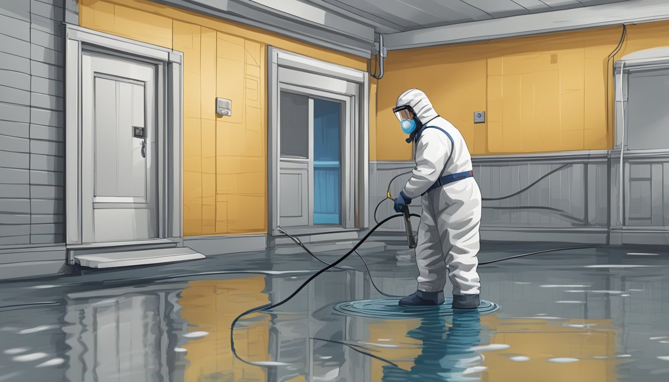 A technician in protective gear removes mold from a flooded building, using specialized equipment and following safety protocols