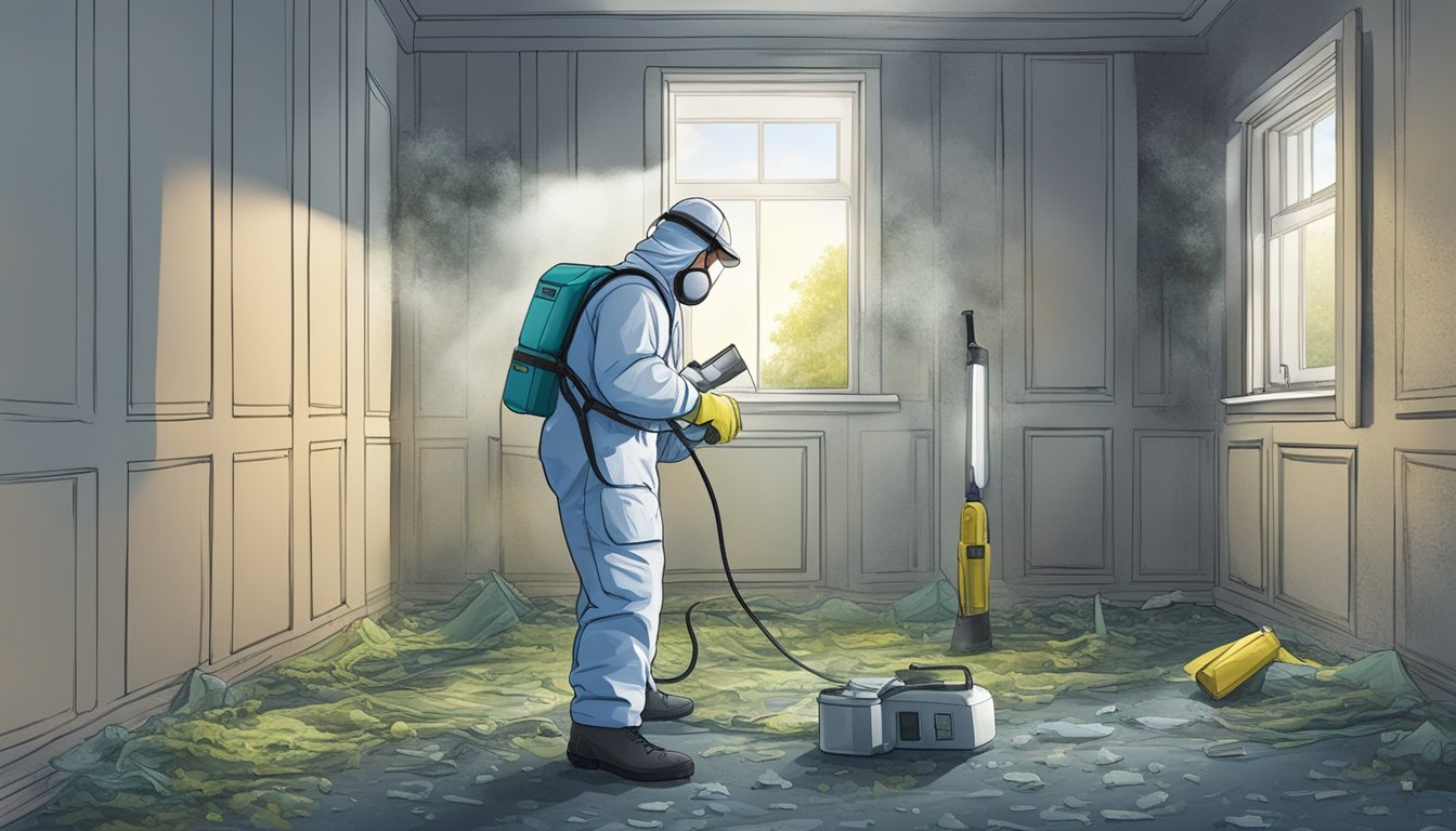 A technician inspects mold-infested walls with a flashlight. Protective gear and cleaning supplies are scattered around the area