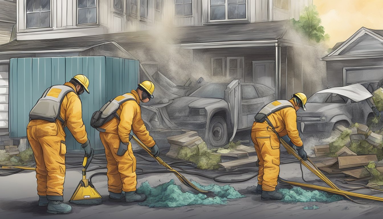 A team of workers uses specialized equipment to remove mold from a disaster-stricken area, following best practices for cleanup and remediation
