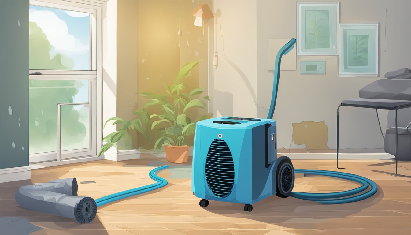 A dehumidifier hums in a water-damaged room, while air movers circulate the air. Mold remediation equipment sits ready for use