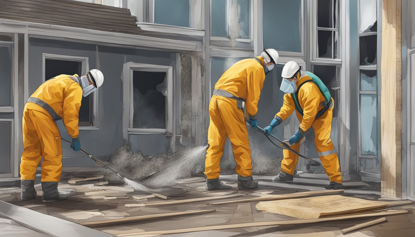 A team of workers in protective gear removing mold from a damaged building, using specialized equipment and following best practices for restoration and reconstruction