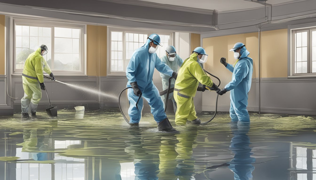 A team of workers wearing protective gear and using specialized equipment to remove mold from a flood-damaged building