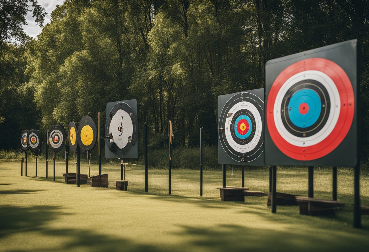 An archery range with different types of targets set up at varying distances. The targets are clearly labeled with prices, showcasing the expensive nature of archery targets