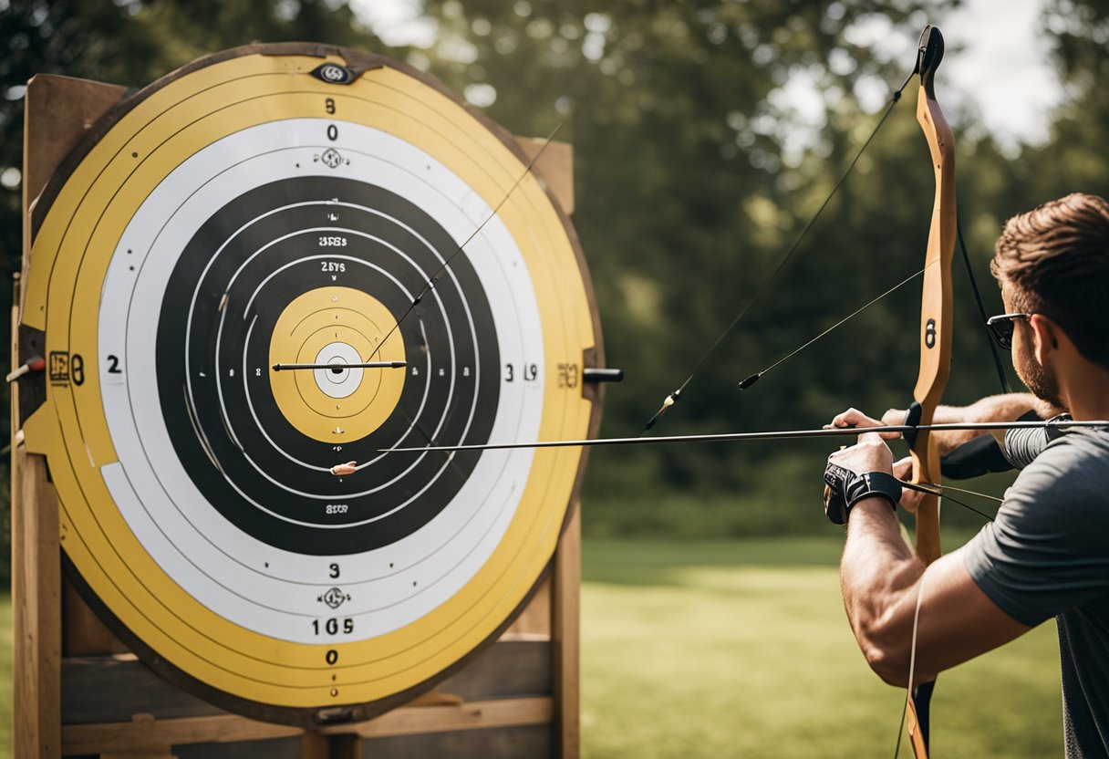 A person setting up a high-quality archery target in a well-lit, outdoor shooting range. The target is sturdy and clearly marked, with arrows sticking out from previous shots