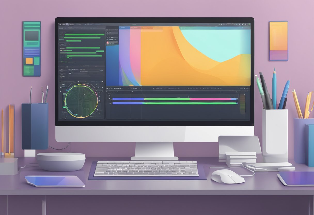 A CPU sits horizontally on a desk, connected to a monitor. Computer design software is open on the screen