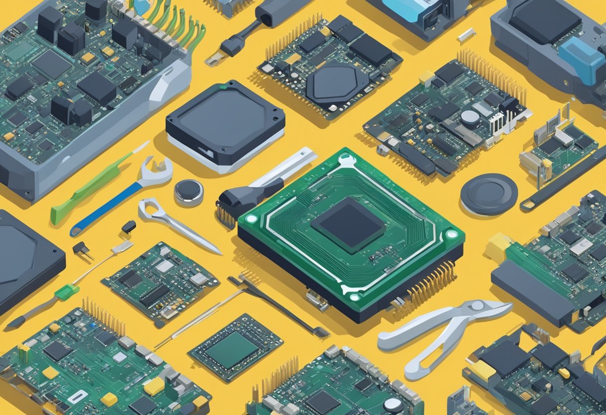 A damaged CPU lies on a workbench, surrounded by scattered tools and diagnostic equipment. A technician examines it closely, searching for signs of repairability