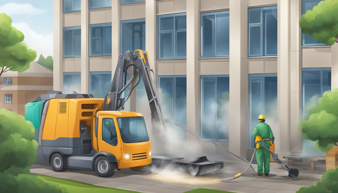 Mold being removed from building materials with specialized equipment and cleaning solutions