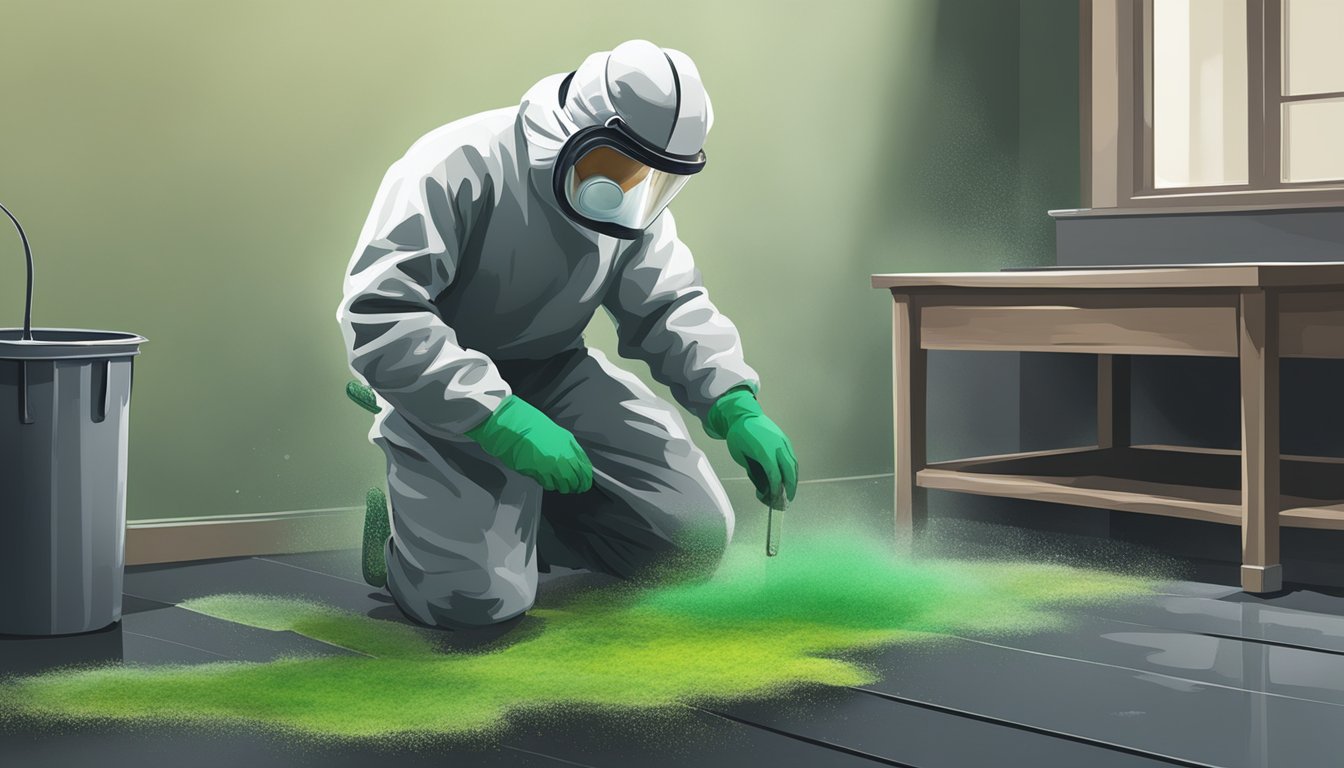 Mold spores spread across a damp, dark surface. They form a fuzzy, greenish-black patch, emitting a musty odor. A mold remediation expert in protective gear assesses the area