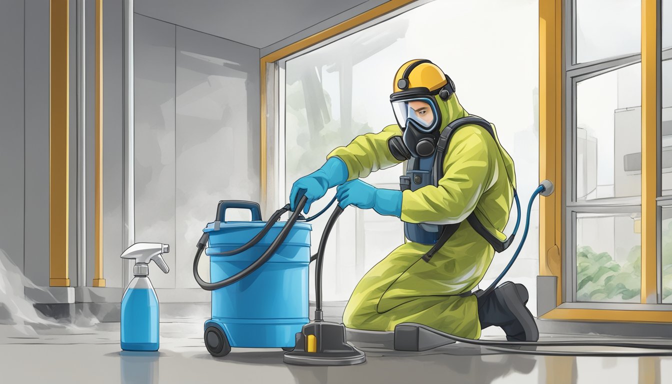 A technician wearing protective gear sprays a mold-infested area with cleaning solution, while using specialized tools to remove and dispose of contaminated materials